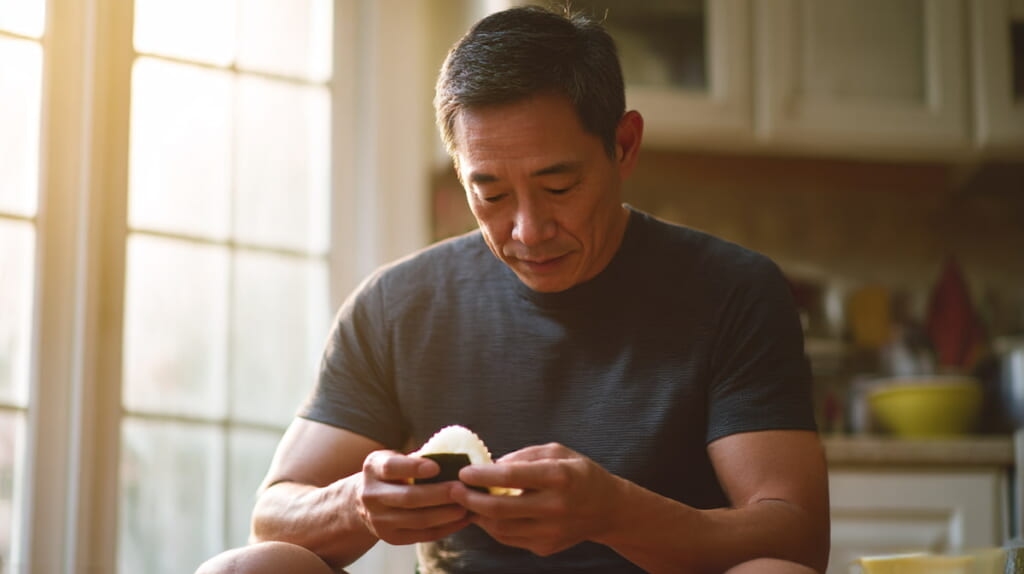 ランニング前におにぎりを食べる40代男性