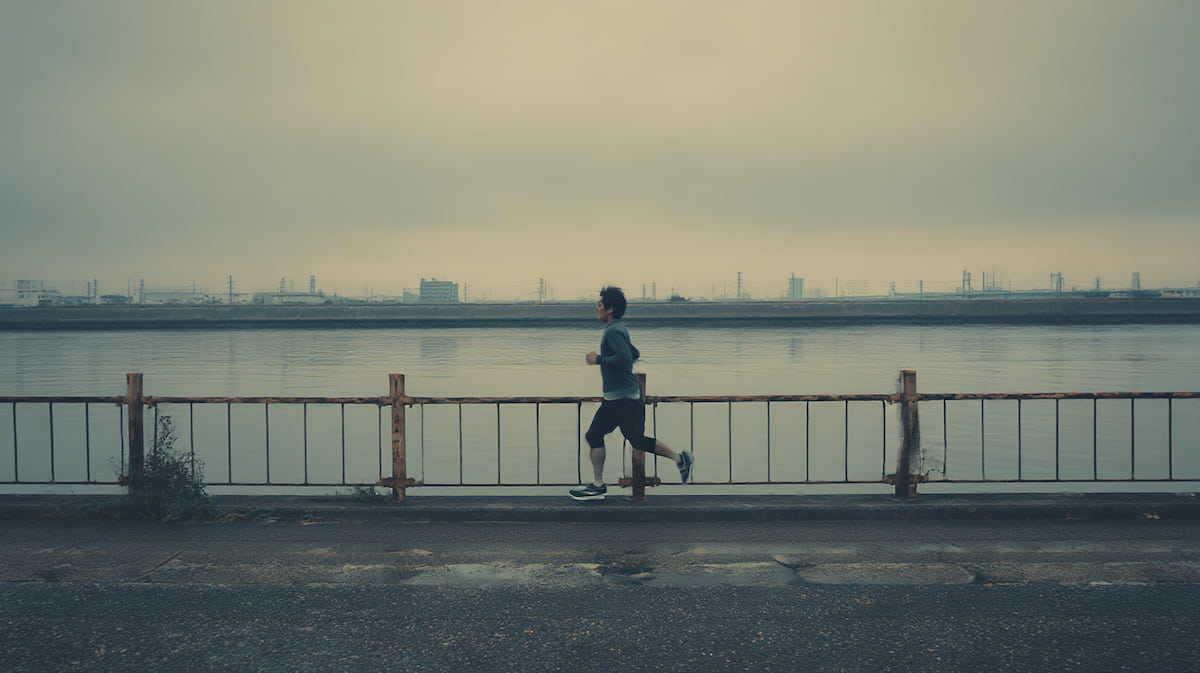40代男性ランナーが朝の川沿いを一人で走っている様子