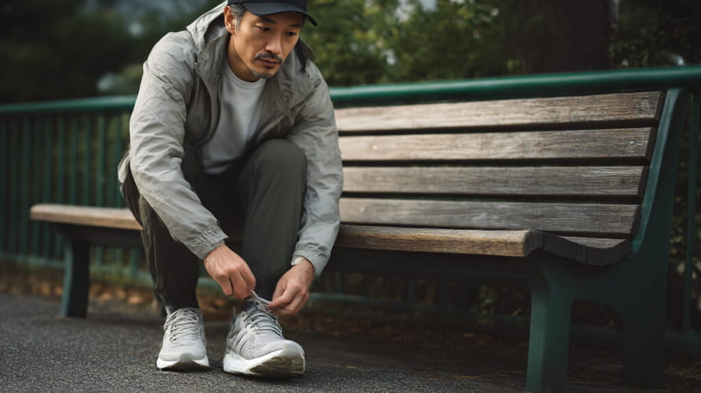 クッション性の高いランニングシューズを履く40代男性