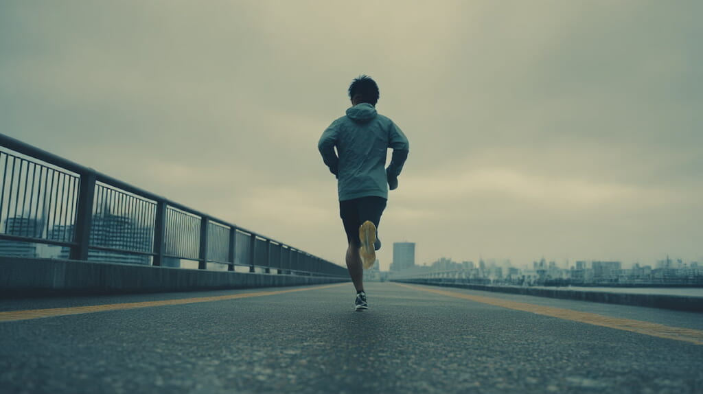 20km走に取り組む40代日本人男性ランナーが河川敷を落ち着いた表情で走っている様子