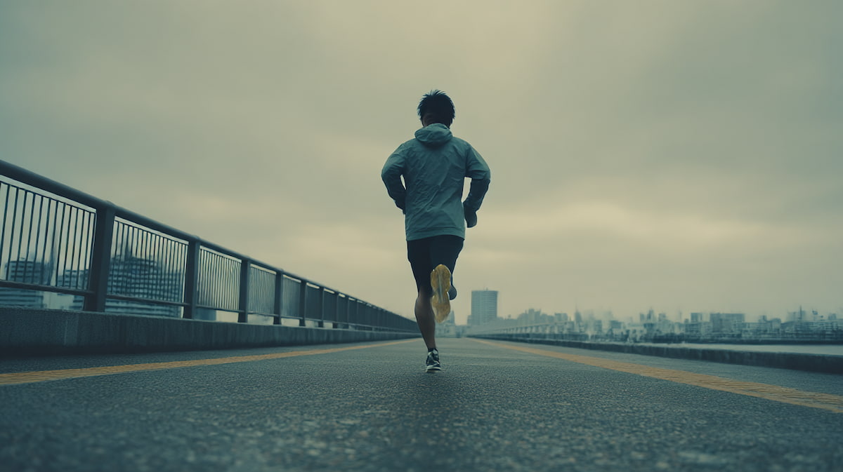 20km走に取り組む40代日本人男性ランナーが河川敷を落ち着いた表情で走っている様子