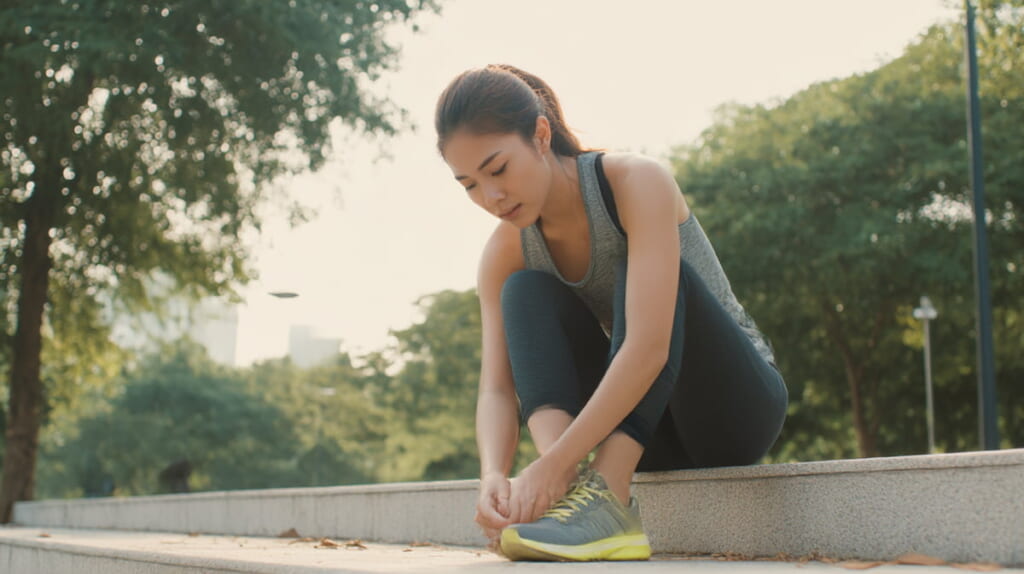ランニング後にシューズの紐を調整し足の状態を確認する日本人ランナー