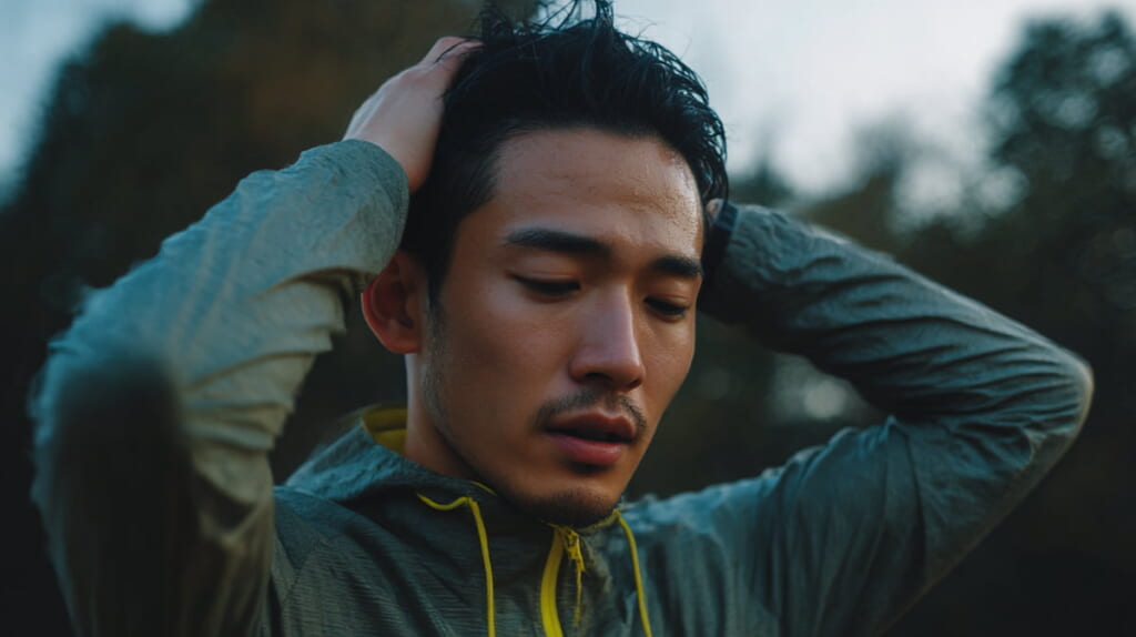 20km走翌日に疲労感を感じながら休息を取る日本人ランナー
