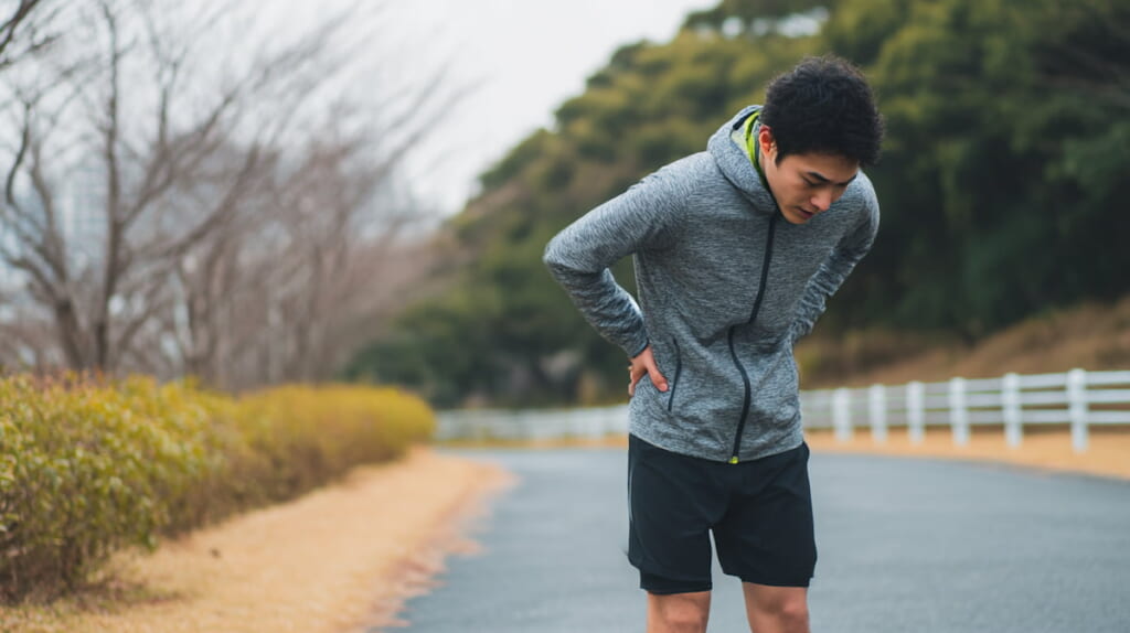 20km走後半で姿勢が崩れ腰に負担がかかっている日本人ランナーの様子