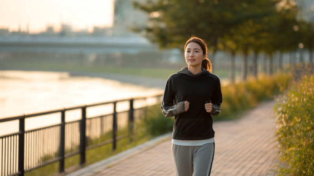 笑顔でゆっくり走るスロージョギング中の40代日本人女性