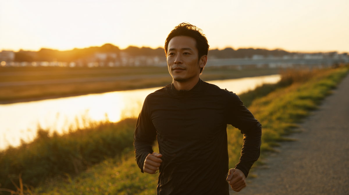 40代の日本人男性が朝の川沿いをゆっくりランニングしている様子