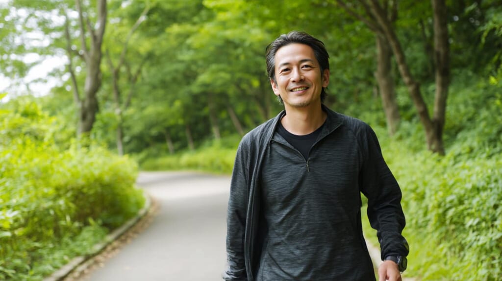 ランニング中に歩きを取り入れる40代日本人男性