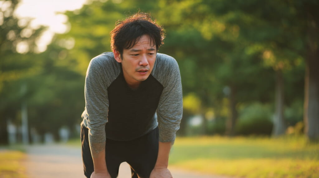 走り始めに息が上がり立ち止まる40代日本人ランナー