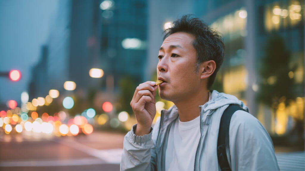仕事帰りに補食をとる40代日本人男性ランナー