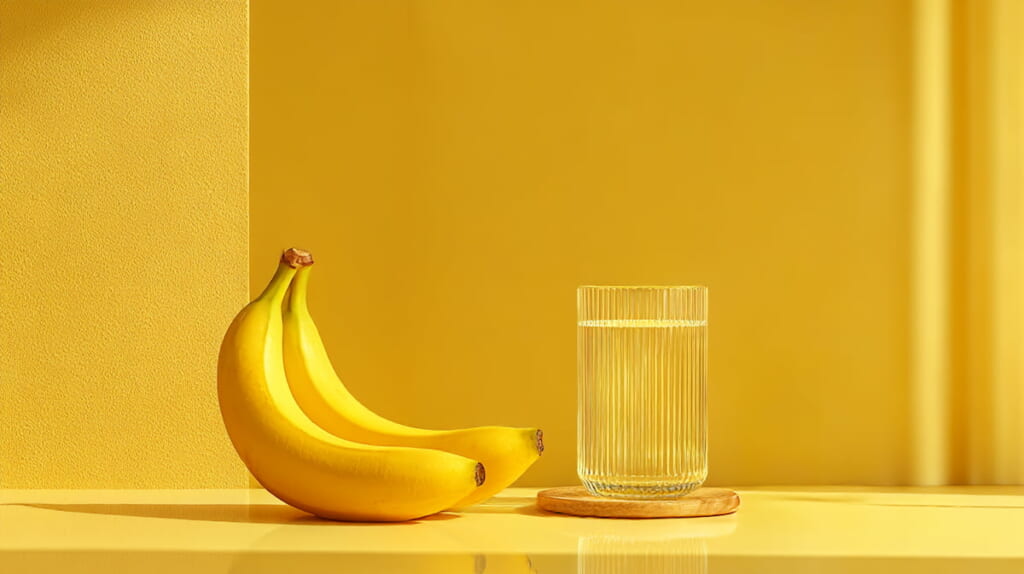 朝ラン前にバナナと水でエネルギー補給するイメージ