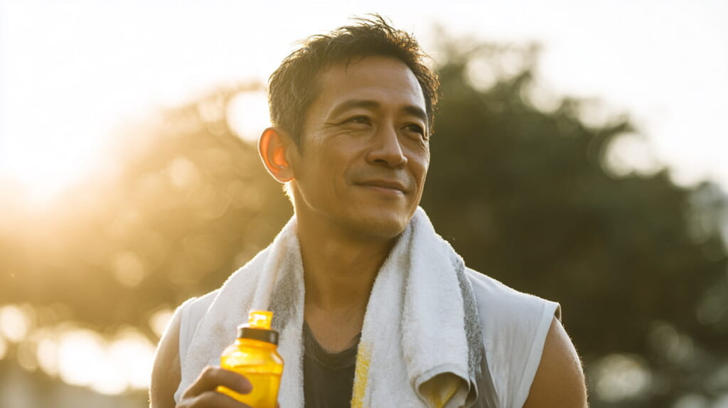 朝ラン後にストレッチと補給を行う40代男性