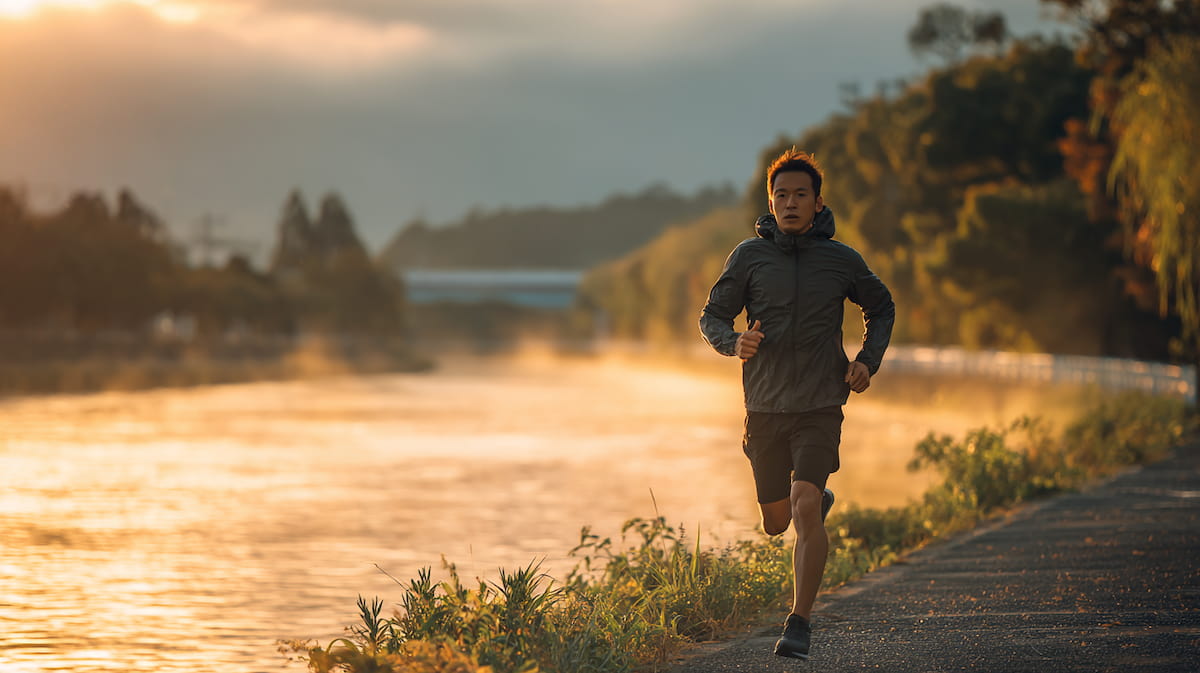 40代の日本人男性が朝日を浴びながらランニングする様子