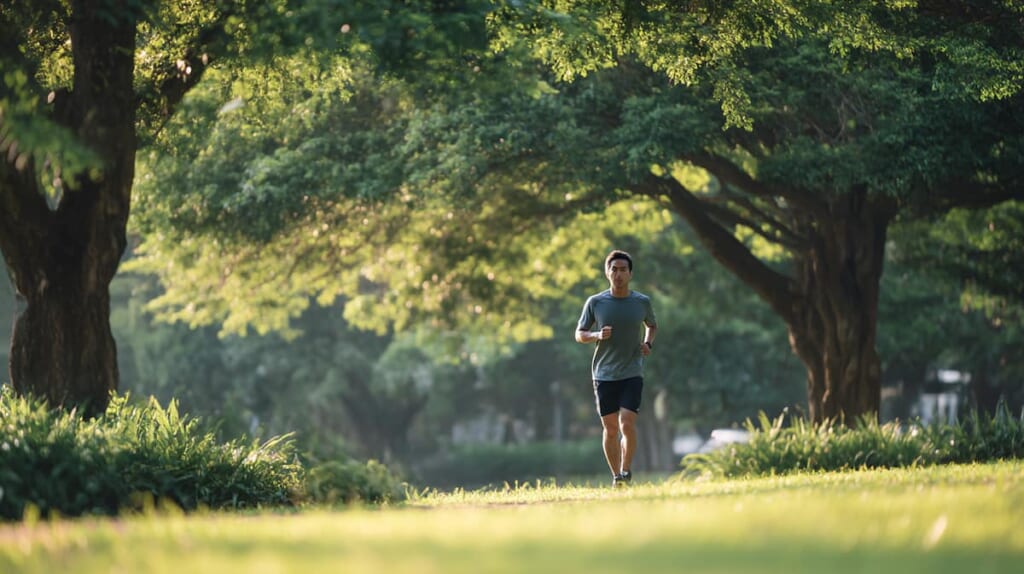 40代男性が公園でゆっくり長く走るLSDランニング