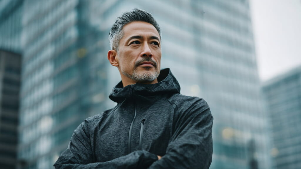 おしゃれなランニングウェアで朝を迎える40代男性