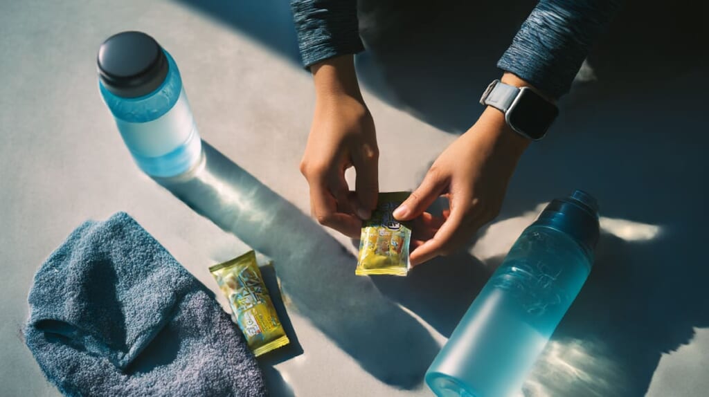 ランニング用エナジージェルを手に取る日本人ランナーのイメージ