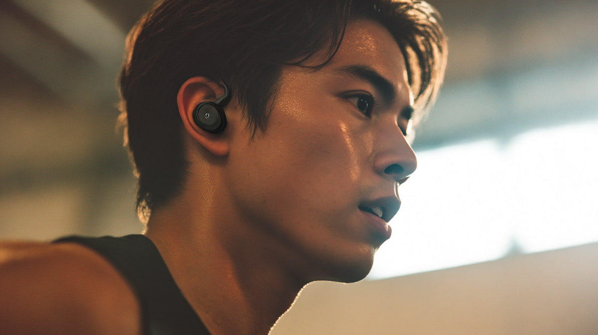 ランニング中にオープンイヤー型ヘッドホンを使い、安全に走る40代男性ランナーの様子