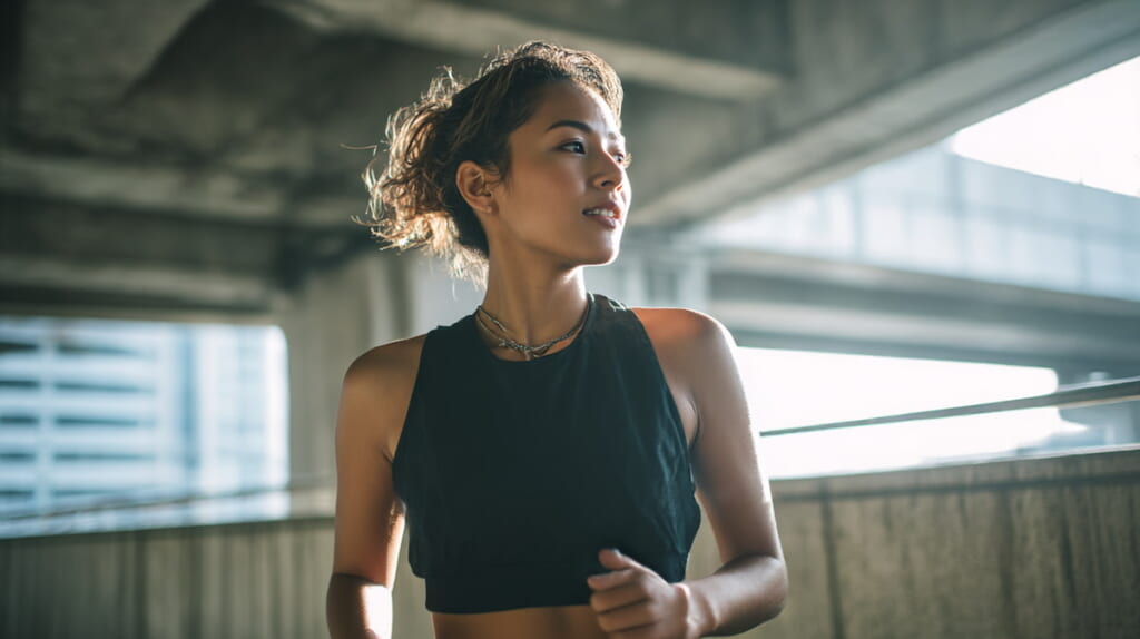 骨伝導イヤホンを装着して走る日本人ランナーの横顔