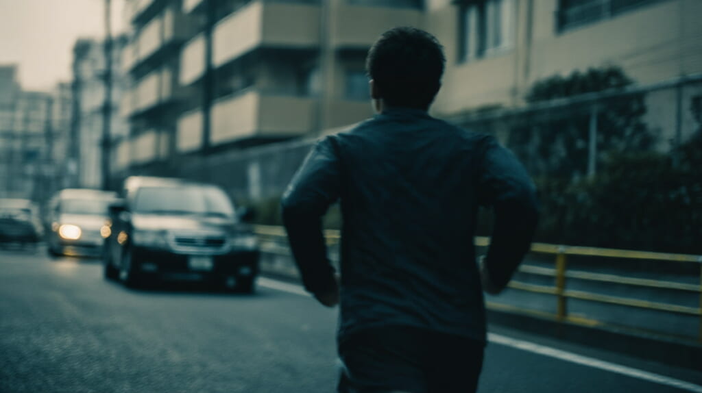 後方から近づく車に気づきにくいランナーの危険な状況を示すイメージ
