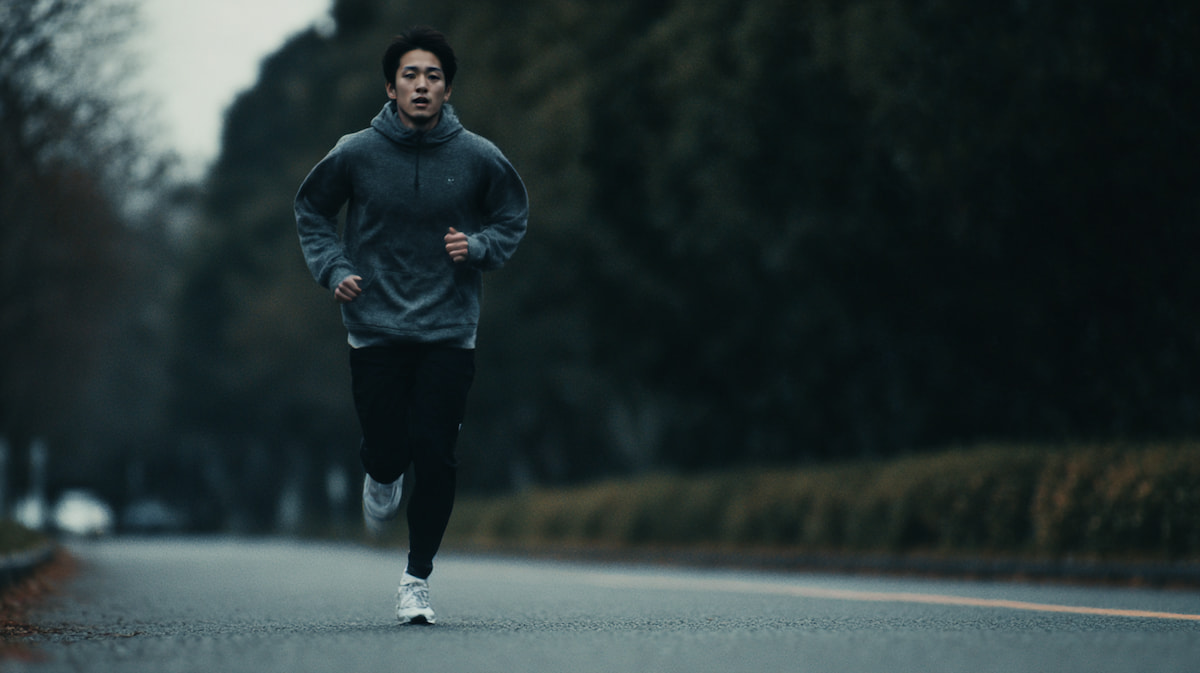 　- 朝の河川敷を一人で走る日本人ランナーの落ち着いた表情を捉えたイメージ