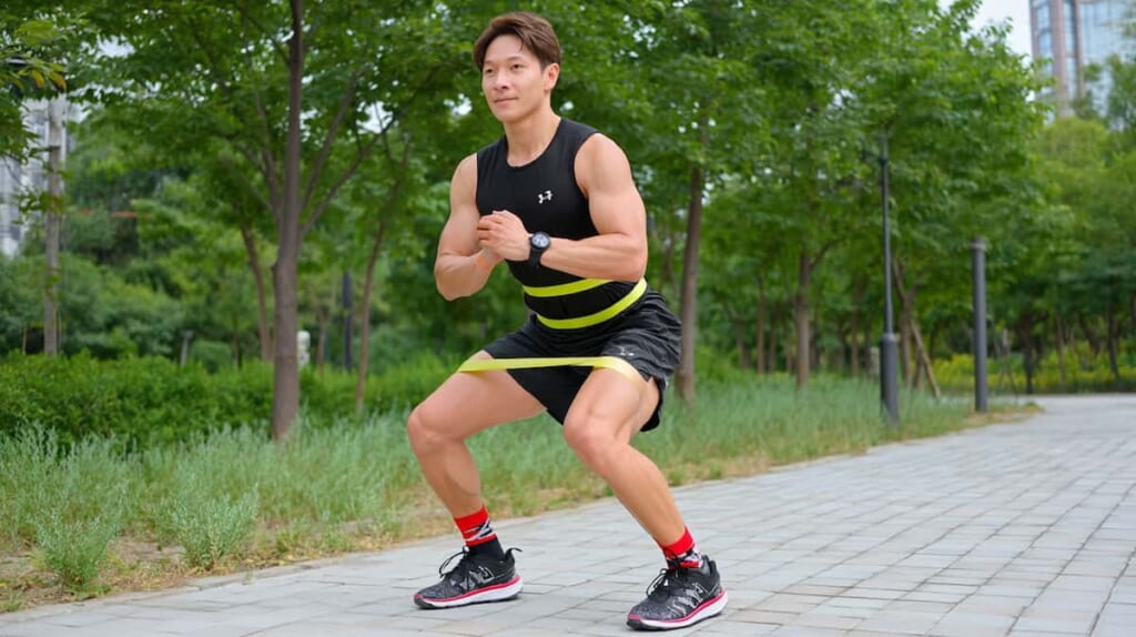 　- トレーニングチューブを使って横歩きする日本人男性の下半身トレーニング