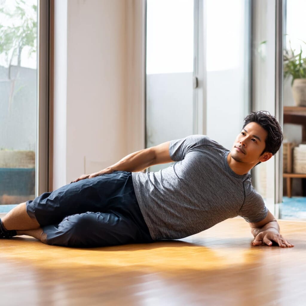 　- 横向きに寝てクラムシェルを行う日本人男性のトレーニング風景