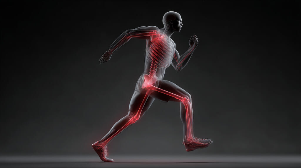 　- 片脚着地時の骨盤と膝の関係を示す日本人ランナーの姿勢イメージ