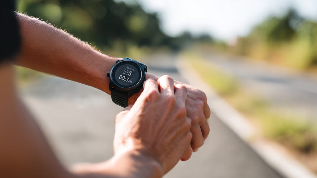 　ランニング後に消費カロリーを確認する日本人ランナー