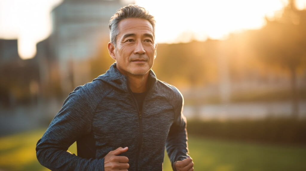 40代の日本人男性ランナーが健康的で引き締まった表情で走る姿