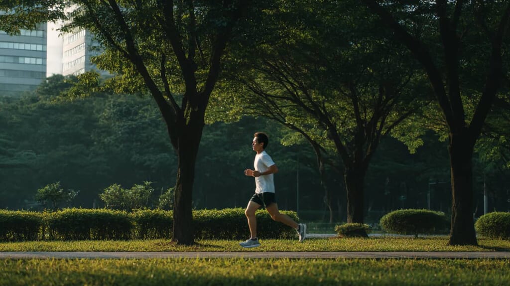 　5キロランニングをゆったりしたペースで楽しむ日本人男性の姿