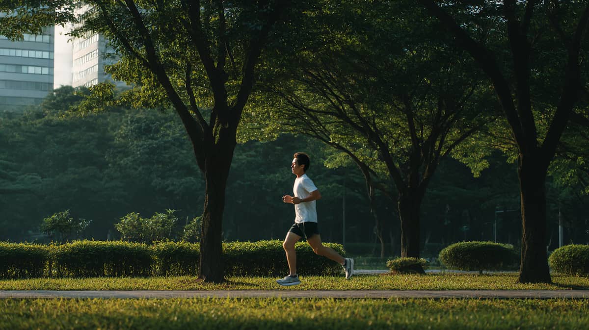 　5キロランニングをゆったりしたペースで楽しむ日本人男性の姿