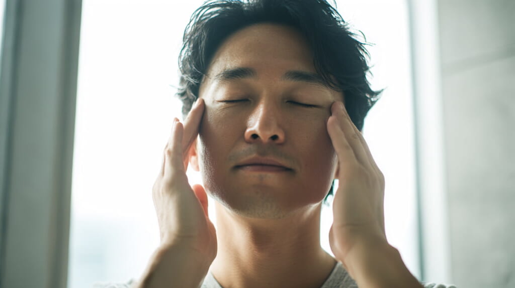 ランニング前に日焼け止めを塗る40代男性