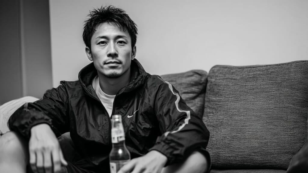 　ランニング後にビールを手にくつろぐ日本人男性
