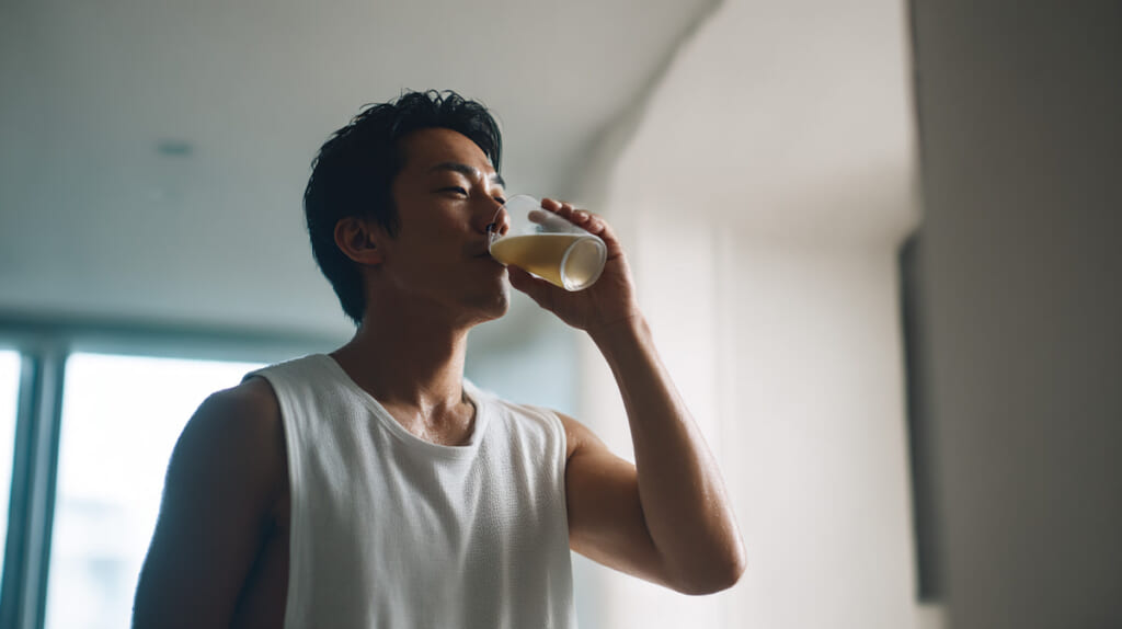 　ランニング後に軽めのお酒を楽しむ日本人男性