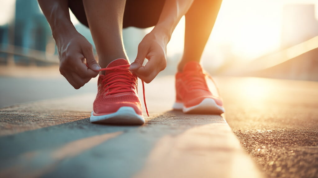 　ランニング前にシューズを整える日本人ランナー