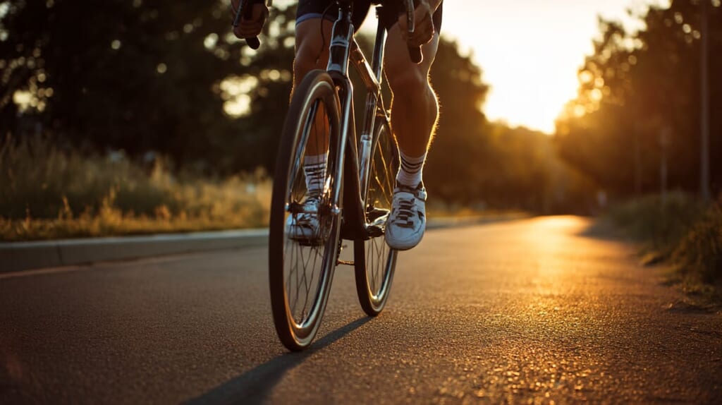 クロスバイクで滑らかにペダリングする日本人男性の脚元