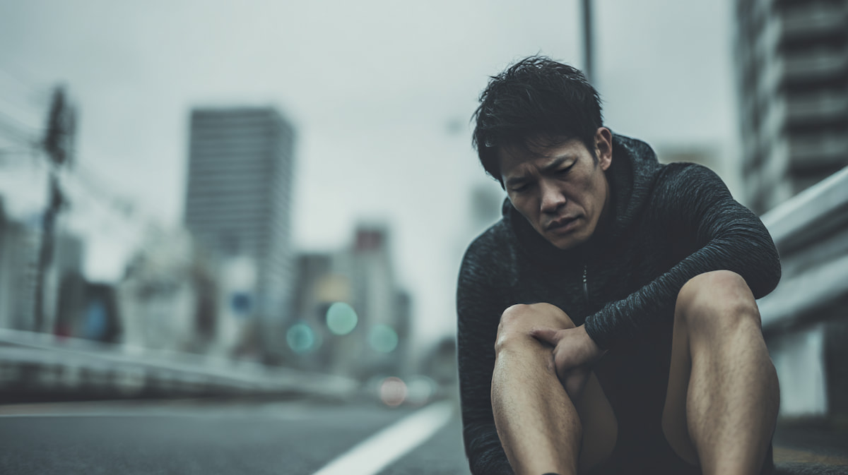 ランニング中の怪我により膝を押さえて座り込む日本人ランナーの様子