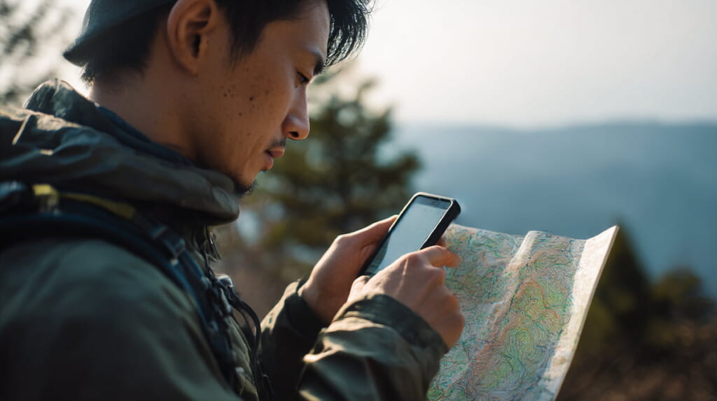 熊の生息エリアを地図で確認し安全な山選びをする登山者