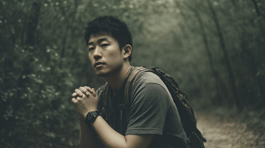 熊の不安を感じながらも安全な登山を考える日本人トレイルランナーのイメージ