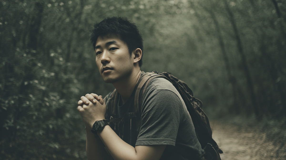 熊の不安を感じながらも安全な登山を考える日本人トレイルランナーのイメージ