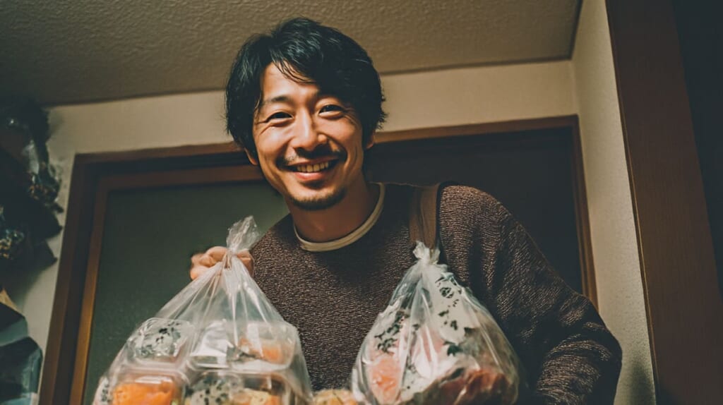 登山後に地元のお土産を持ち帰り家族を安心させるイメージ