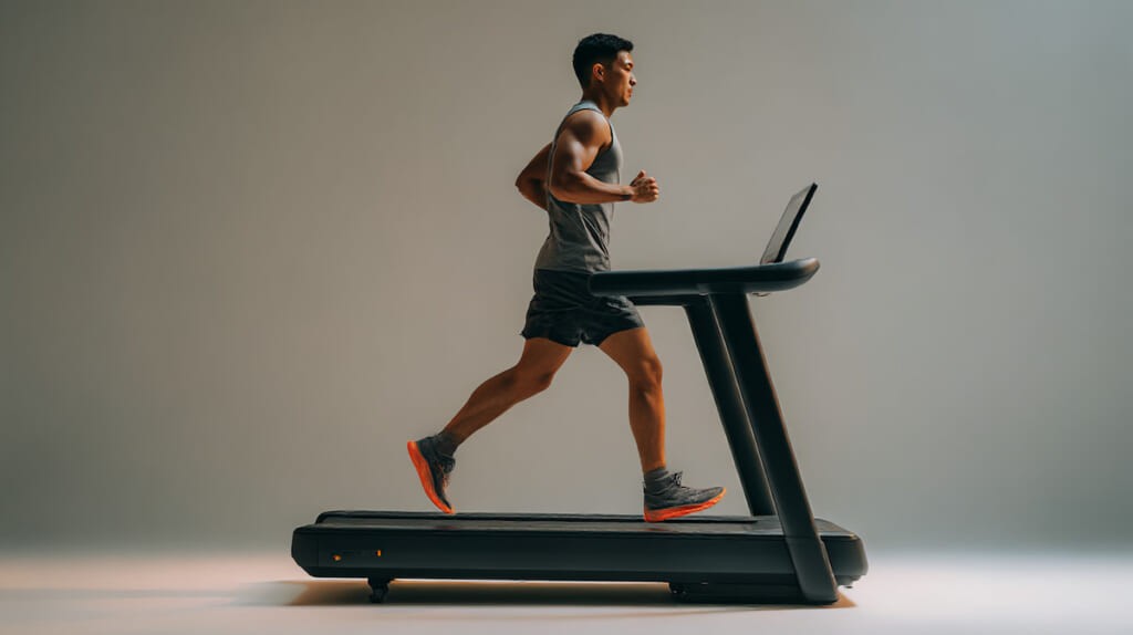 傾斜をつけたランニングマシンで歩行トレーニングを行う様子