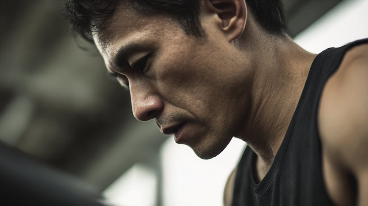 ランニングマシンを使用する40代日本人男性が、運動後に軽いめまいを感じている様子