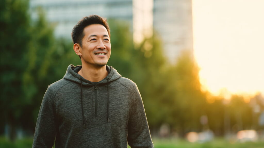 自分の体調に合わせた運動を選び、前向きに歩く40代日本人男性