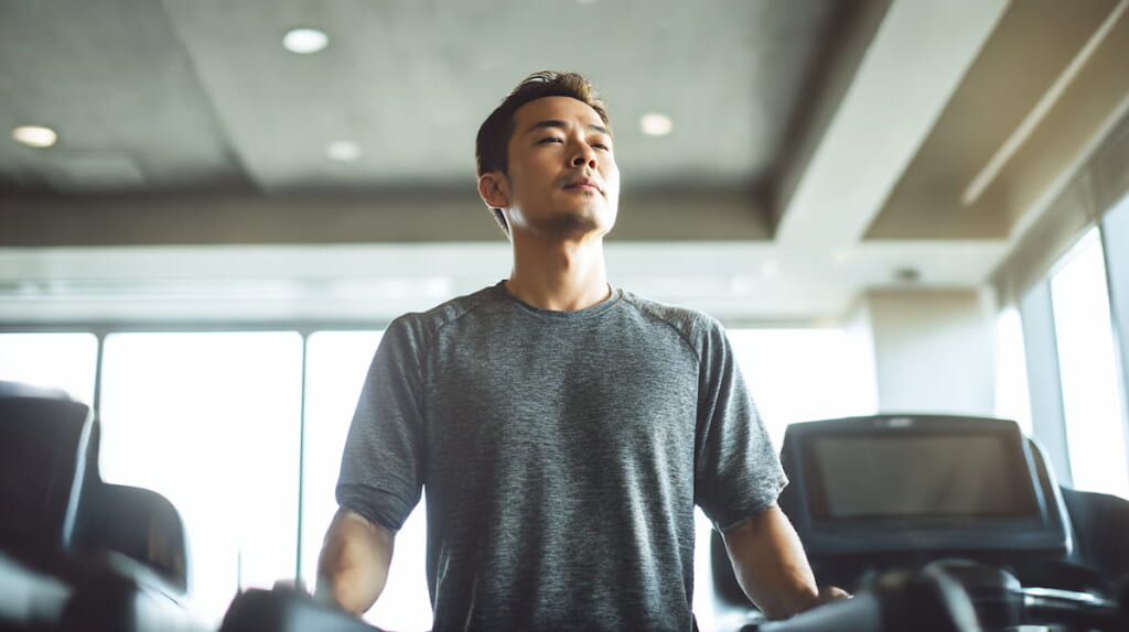 ランニングマシン停止後にクールダウンを行い、めまいを防ぐ40代男性