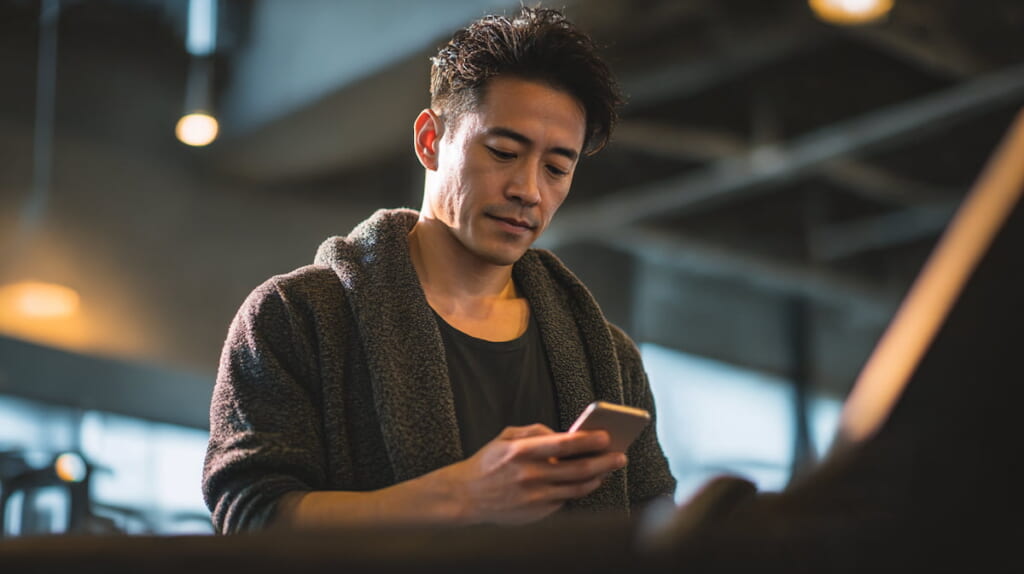 ランニングマシンでスマホを見ながら走り、めまいのリスクが高まる様子