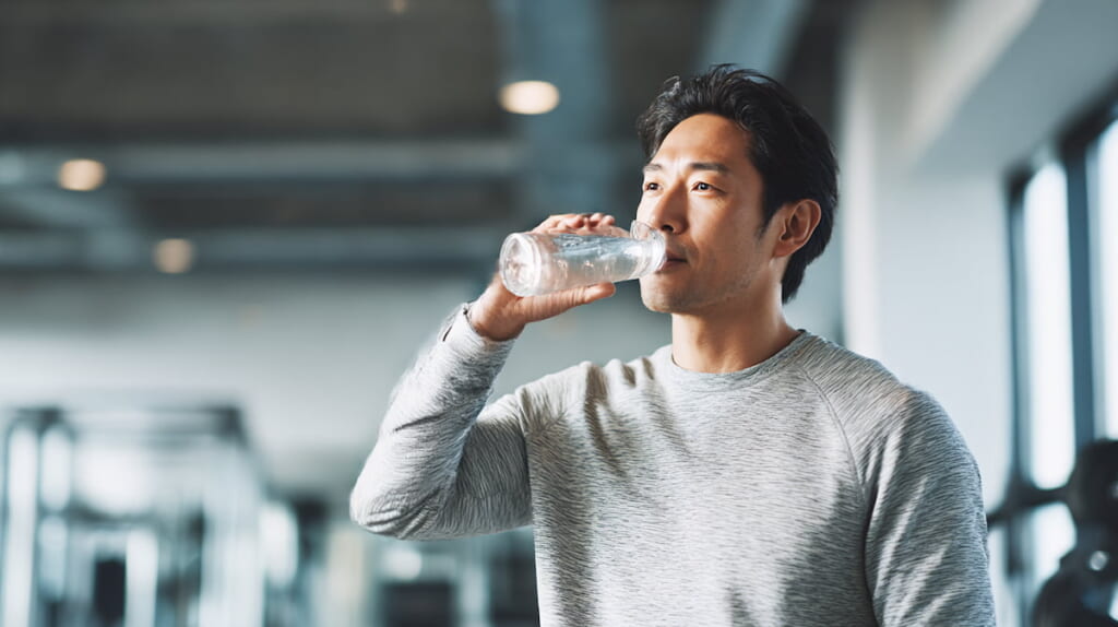 ランニング後に水分補給を行う40代日本人男性の様子