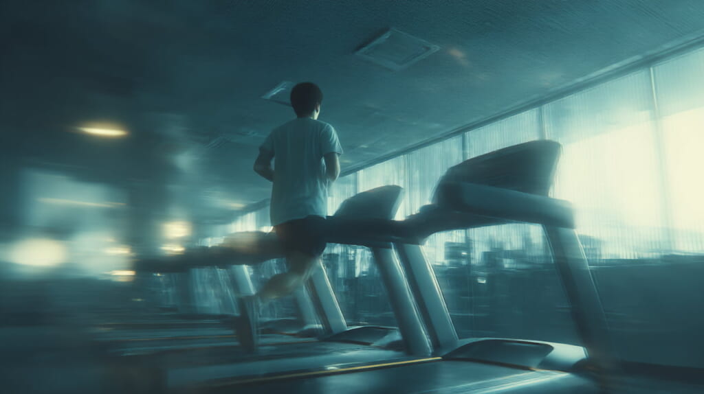 ランニングマシンから降りた直後に床が揺れて感じる錯覚を表現したイメージ