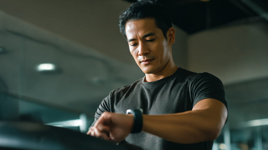 スマートウォッチで心拍数を確認しながら運動する40代のトレーニング風景