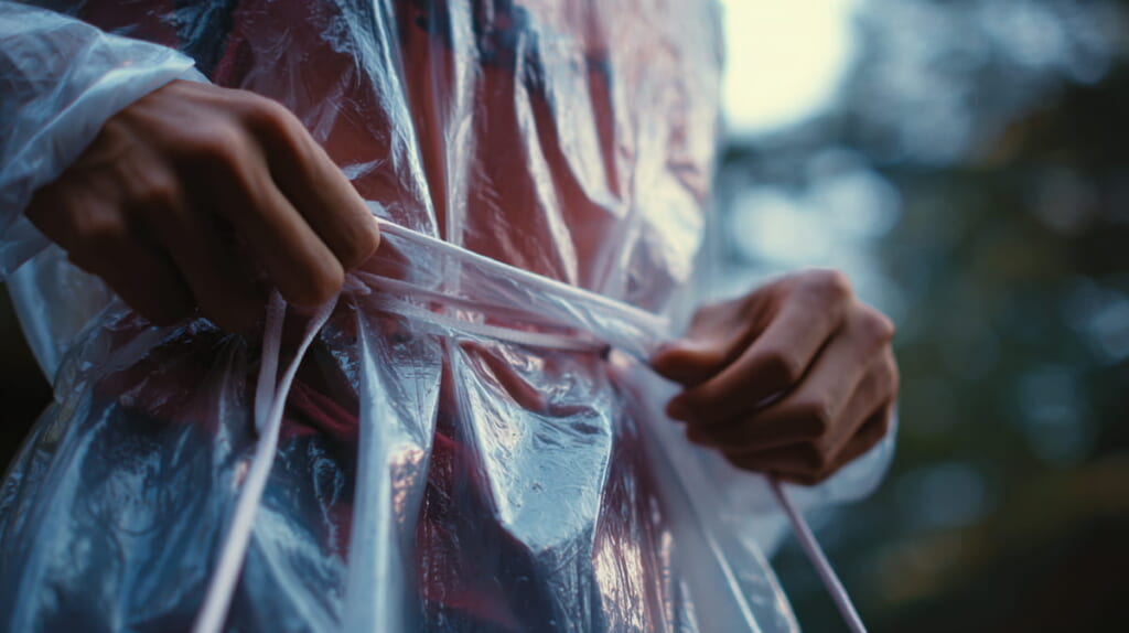 ランニング前にポンチョへ切り込みや腰紐を加えるカスタマイズ作業