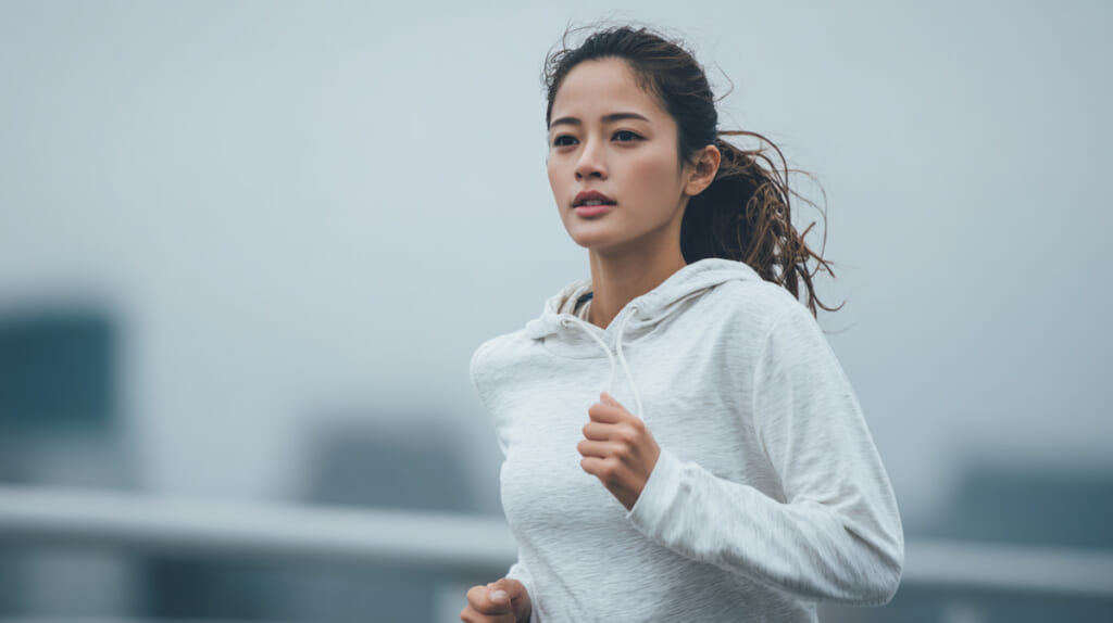 女性ランナーがむくみやストレスの影響を受けやすい時期を表現したリカバリーシーン